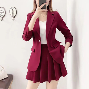 Red Suit suit Women's Dress New Autumn Fashion Elegant Small Suit Jacket Pleated Skirt Two-piece Set