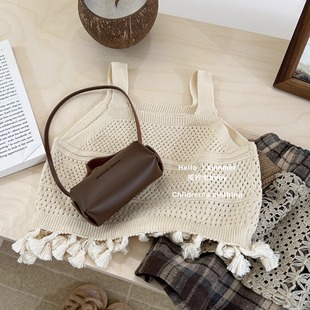 Girls' Korean-style Hollow Crochet Tassel Knitted Vest 2025 Summer New Children's Stylisch Plaid Shorts suit