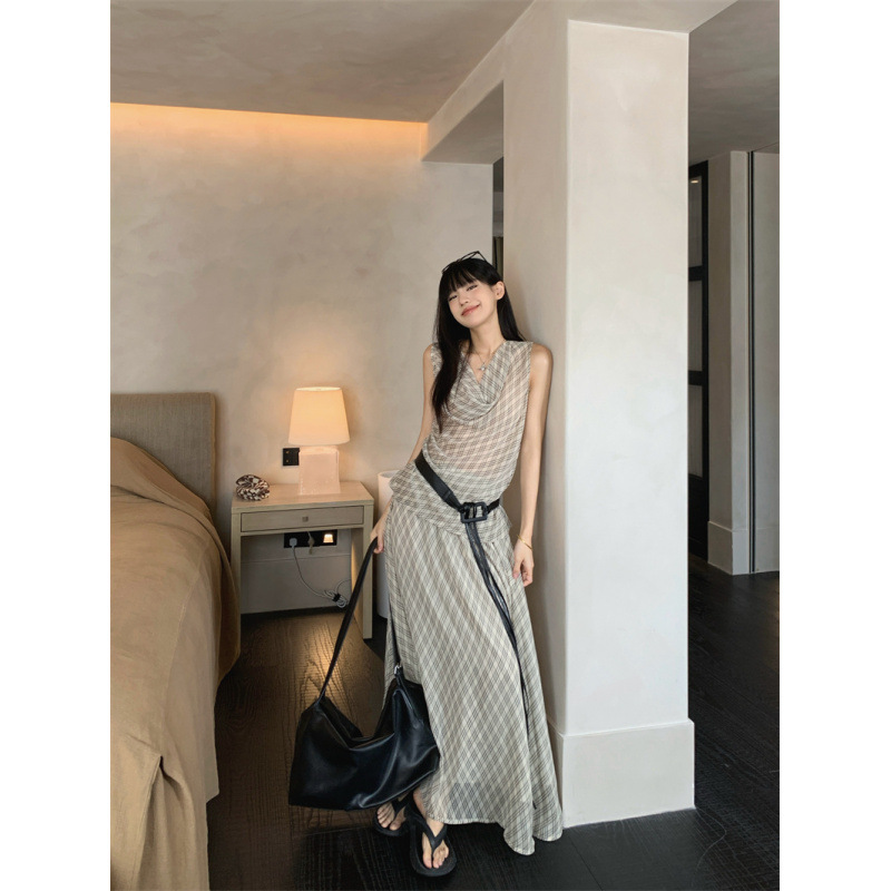 Real Photos, Real Price: Lazy Old Money Style Chiffon Draped Collar Sleeveless Plaid Vest + A-Line Plaid Skirt Set