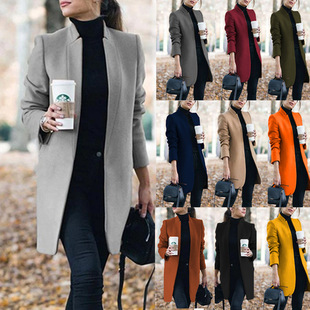 Amazon 2020 New Fashion Mid-length Coat Slim-fit European and American Solid Color Stand Collar Woolen Autumn and Winter Women's Coat