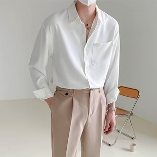 Draped Light Luxury Trendy Brand Long-sleeved Shirt Men's Loose Solid Color Shirt New Spring and Autumn Casual Ice Silk Shirt Men's Clothing