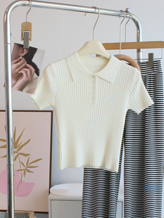Soft and comfortable ~ polo collar tight short-sleeved sweater women's early autumn versatile high waist short T-shirt bottoming shirt top
