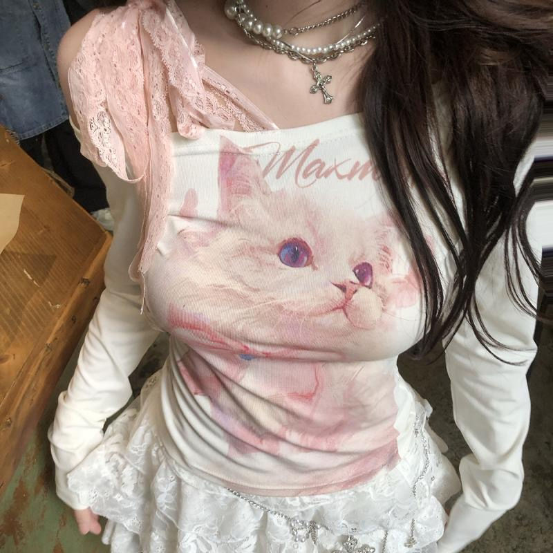 American-style Spicy Cat Y2K One-character Collar Long-sleeved T-shirt Women's Spring and Autumn Open-shoulder Lace Stitching Base Shirt Top Trendy