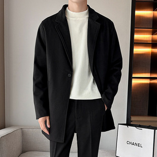Foreign Trade Casual Loose Mid-length Woolen Coat Men's Spring and Autumn New Lapel Trendy Hong Kong Style Coat for Youth