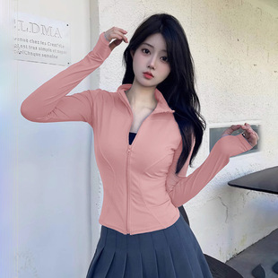 Lulu Summer Sunscreen Yoga Sports Coat Women's Tight-Fit Quick-Dry Long-Sleeved Top with Vertical Collar Internet Celebrant Running Fitness Clothes