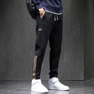 2024 Spring and Autumn Youth plus size Hong Kong Style Drawstring Pants Loose All-match Striped Nine-point Casual Pants