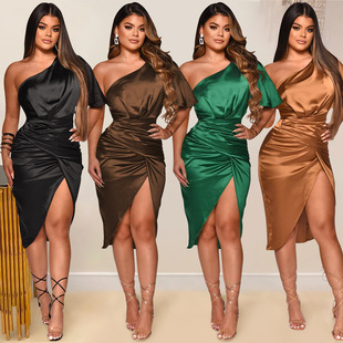 X5273 New Fashion Solid Color Women's Shoulder Split Skirt Dress