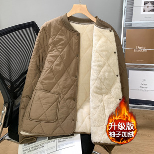 Cotton-padded jacket men's fleece-lined thickened inner and outer small cotton-padded jacket with stand collar and diamond-shaped lattice warm inner tank school uniform artifact simple coat