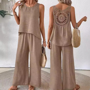 2024 Amazon AliExpress New Summer Sleeveless Solid Color Back Hollow Lace suit Women's Wear