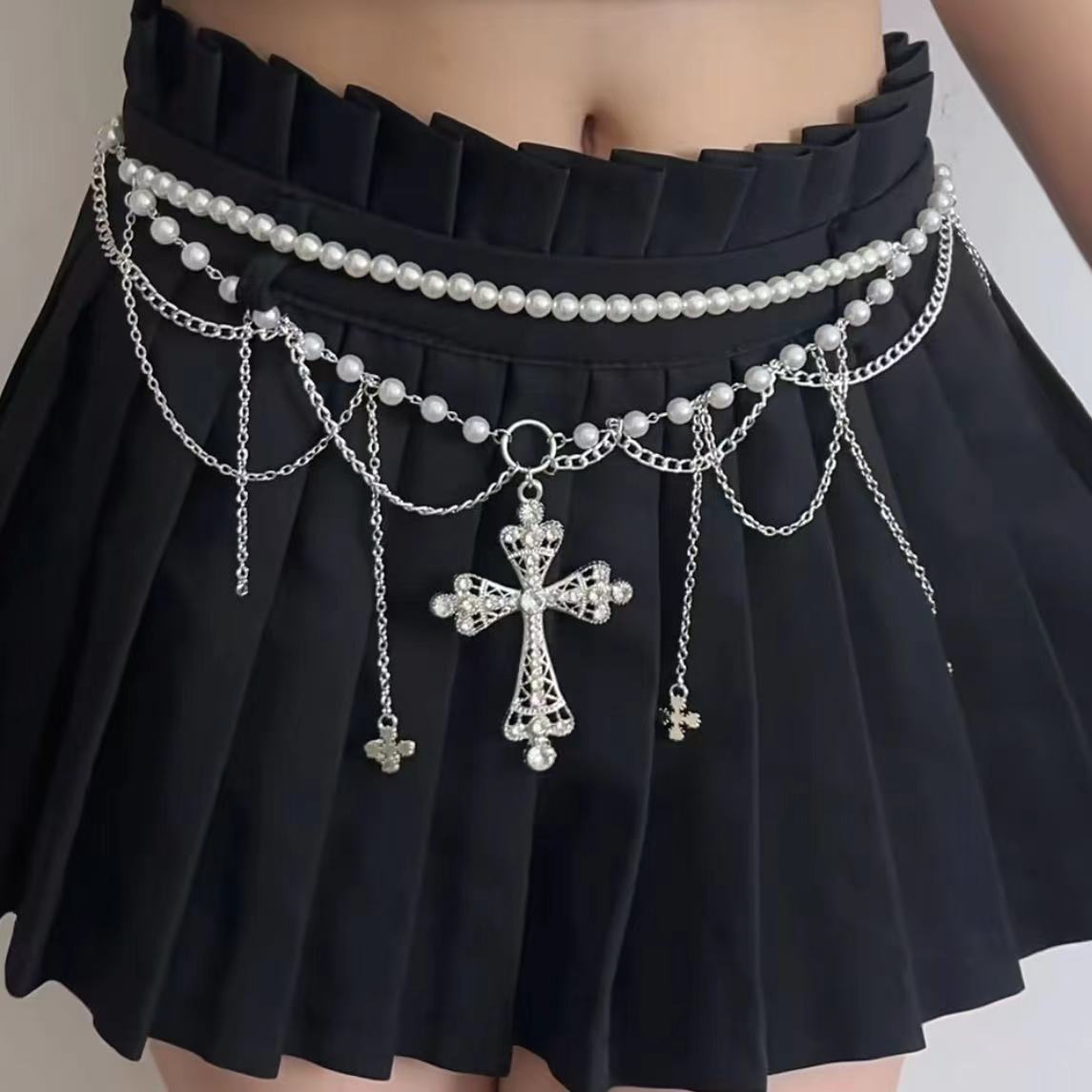 Sweet and Cool Personality Pearl Cross Pendant Tassel Waist Chain Fashion Personality Design Niche Trendy Versatile Waist Accessory