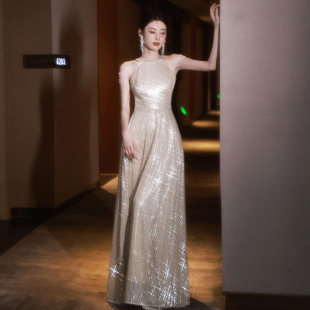 Sequin Evening Dress Women's High-end Neck Hanging Light Luxury Niche Elegant Celebrity High-end Banquet Host Champagne Spring