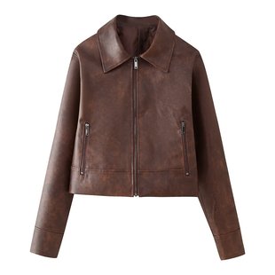 ZR foreign trade wholesale European and American style women's new vintage lapel long sleeve zipper leather jacket coat skirt