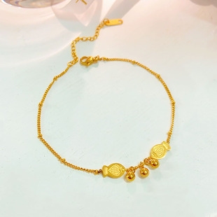 Fashion titanium steel double fish anklet women's summer simple niche design chain versatile temperament non-fading round bead anklet