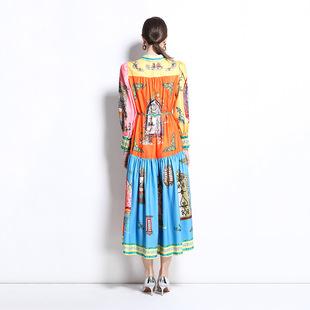 1243 Spring and Autumn New Vintage Cotton and Linen Lapel Lantern Sleeve Printed dress Dress