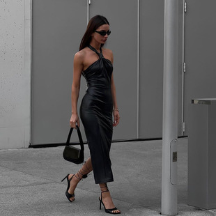 YJ23512 Summer New Spice Girls Sexy Backless Long Dress Fashionable Elegant Slim-fit Neck Hanging PU Leather dress Women