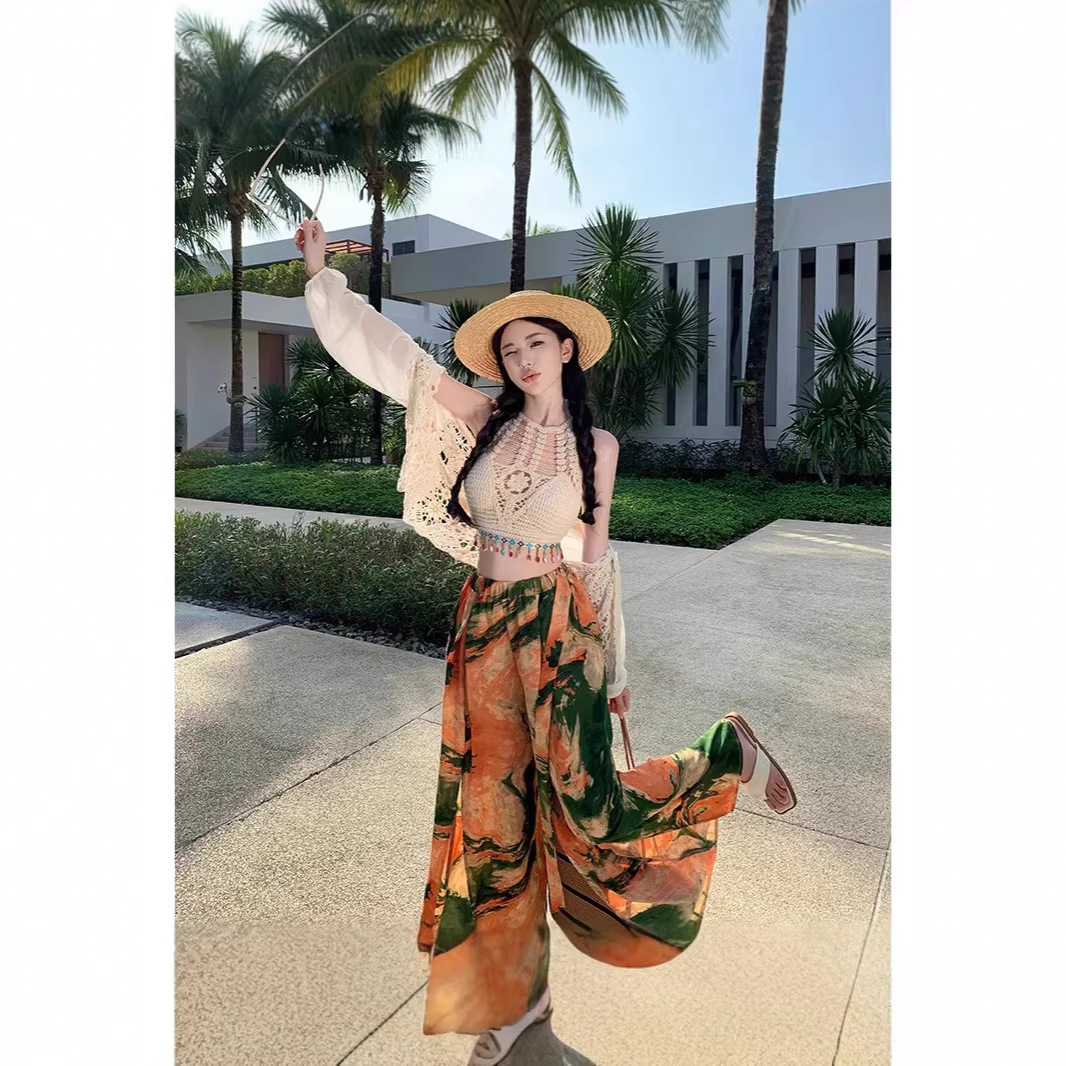 Bohemian Vacation Outfit for Women: Oil Painting Print Wide-Leg Pants + Bikini Tank Top for Beach Photoshoot
