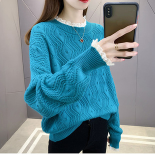 Korean Style Spring Elegant Commuter Round Neck Pullover Sweater 2021 New Loose Outer Wear Llace Collar Base Sweater