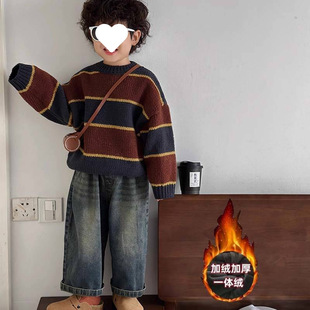 Boys and Girls Pants 2024 Winter New Children's American Fashionable Western Style Loose Wide Leg Pants Korean Jeans