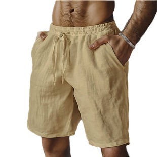 2025 new cotton and linen shorts drawstring elastic waist straight leg solid color breathable daily beach five casual pants