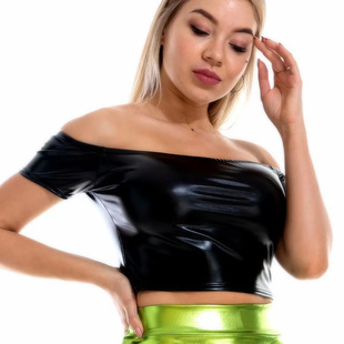 2025 Spring and Summer Women's Patent Leather Top Cross-border E-commerce Street Fashion Bright-faced Slim-fit Short Solid Color Shoulder-exposed T-shirt x