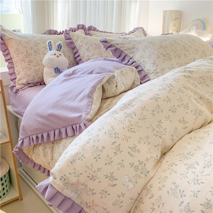 Spring New Knitted Cotton Double Yarn Printed Bed Sheet Four-piece Set Small Fresh Lace Student Three-piece Set Salt Sweet