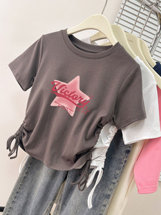 American Style Cotton T-shirt Women's Short-sleeved Slim-fit Short Sweet and Hot Summer 2025 New Style Drawstring Tight Waist T-shirt Trendy Top
