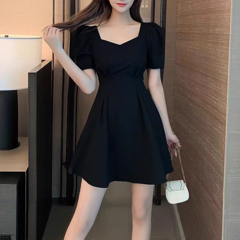 프랑스 스타일 케어 머신 백리스 스퀘어 칼라 퍼프 슬리브 여름 새로운 도착 원피스 여성 타이트 허리 슬리밍 우아한 연령 감소 스커트