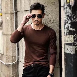 High Street Solid Color Long-sleeved T-shirt Men's Spring and Autumn High School Students' Design Sense Round Neck Slim-fit Slim-fit Base Shirt Top