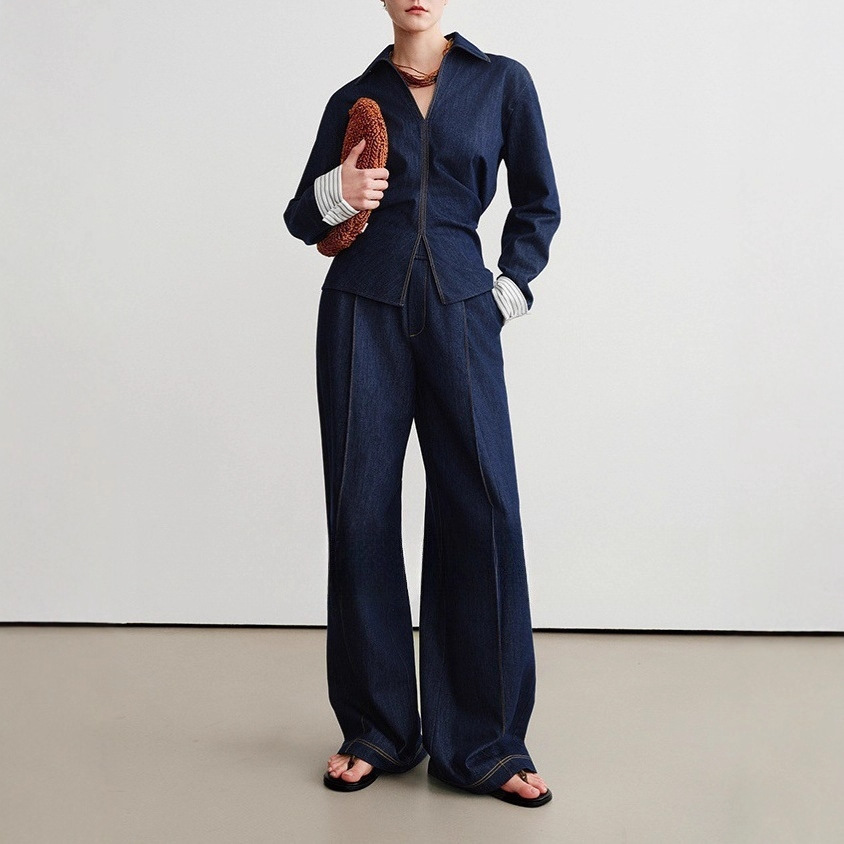 Eco-Friendly Original Color Faux Denim Waist-Cinching Shirt + Elastic Air Pants Set, Age-Reducing Fashionable Stylish Two-Piece Set