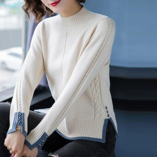Autumn and Winter New Half-High Neck Solid Color Pullover Sweater Women's Korean Style Slim-Fit Cuff Sparkle Button Pullover Sweater Women