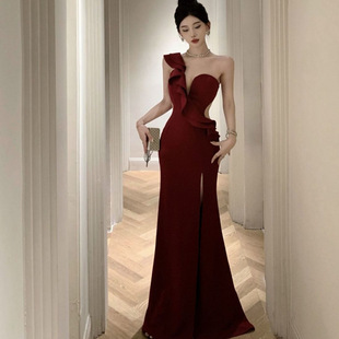 Celebrity Evening Dress Women's 2025 New Elegant Slant Shoulder Tight Waist High-grade Split Long Dress Slim-fit Slimming Hip Skirt
