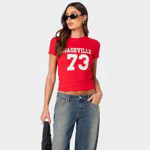 Fashion Joker INS Women's Short, Navel Printed Jacket Street Trend T-shirt 2024 Summer Europe and America Cross-border Y