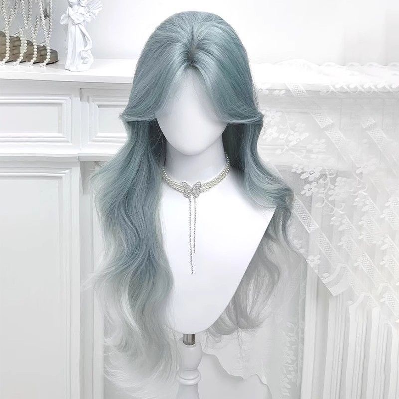 Wig for Women with Medium-Long Hair, Wolf Tail Highlights, Curly Hair, Gradient Ear-Hanging Middle-Parted Bangs, Fluffy Mullet Head, Full Headgear for Men and Women