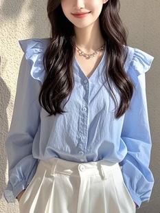 This year's popular beautiful small shirt light luxury French niche beautiful blue long sleeve shirt women's new