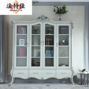 Palace French Furniture European-style Four-door 2-meter Bookcase Bedroom Solid Wood Carved Locker Living Room Hand-painted Golden Stand