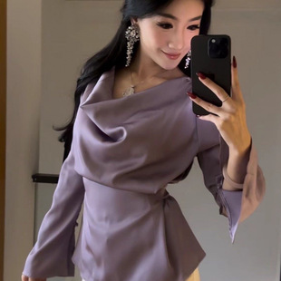 Shirt Women's French Style Elegant Celebrity Style Satin Swing Collar Long Sleeve Shirt Summer New Arrival Strap Tight Waist Short Top