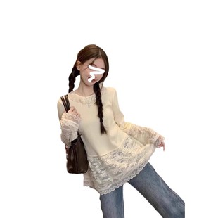 Sweet Girl's Lace Base Shirt Women's Autumn Inner Wearing Outer Wearing Long Sleeve Niche Design Stitching Hem Top