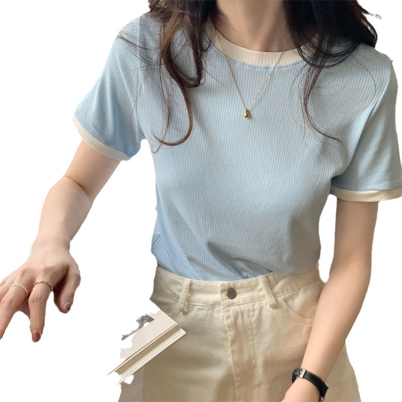 여름 새로운 한국식 라운드 넥 심플 올 매치 슬림 핏 슬리밍 디자인 센스 쇼트 여성용 티셔츠 반팔 웨스턴 스타일 탑