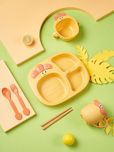 Meng Qilin Cute Dinner Plate Baby Children's Tableware Split Creative Cartoon Plastic Learning to Eat Supplementary Bowl Spoon and Fork Set