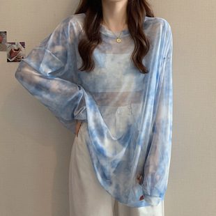 Factory wholesale special tie-dye mesh sunscreen top women's ice silk thin perspective long sleeve T-shirt blouse seconds kill