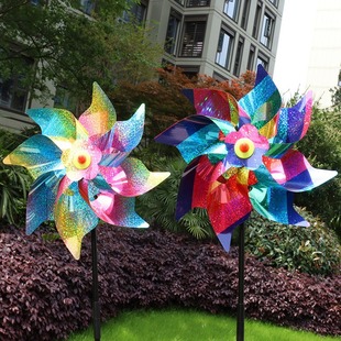24cm Octagon Laser Rainbow Color Stripe Windmill Pastoral Bird Drive Park Scenic Area Decoration Children's Stall Toys
