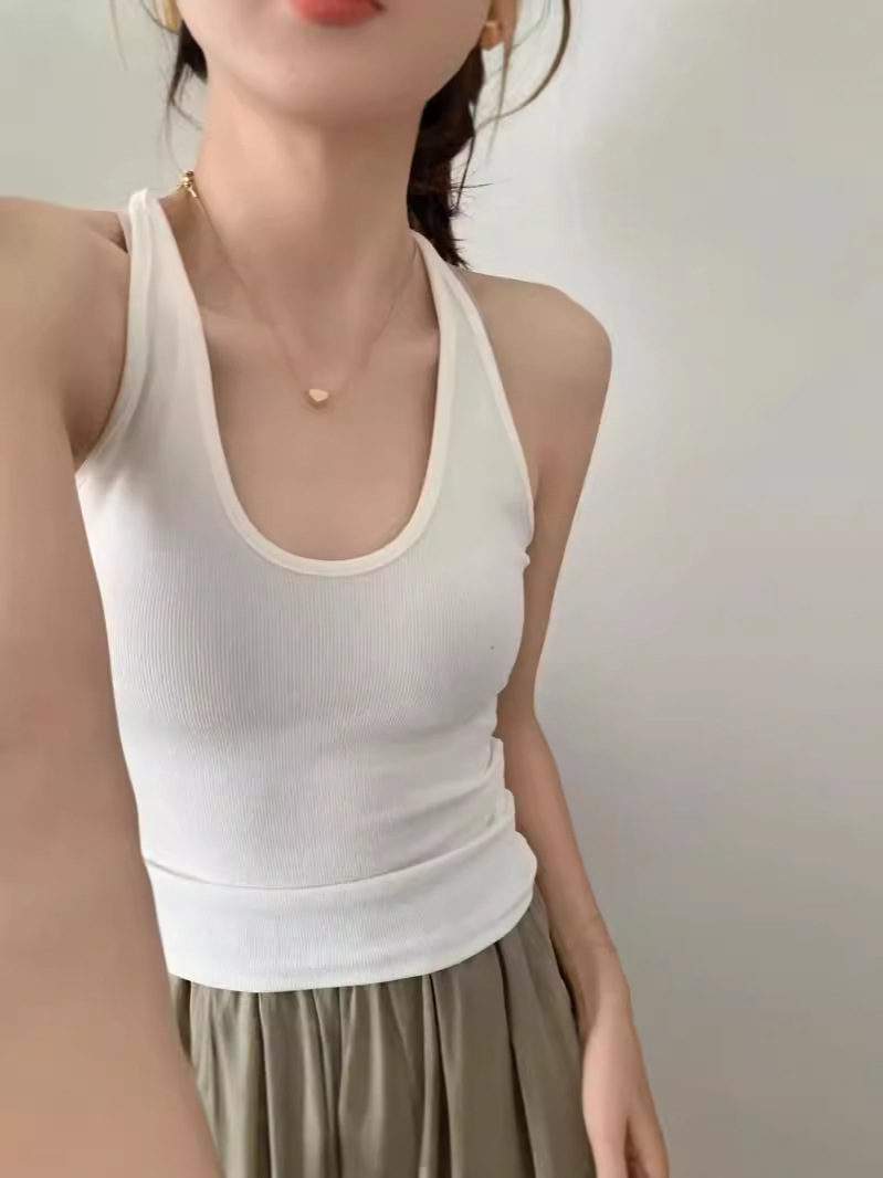 여름 새로운 교수형 목 슬링 조끼 가슴 패드 원피스 슬림 올 매치 슬리밍 U 칼라 여성을위한 아름다운 백탑