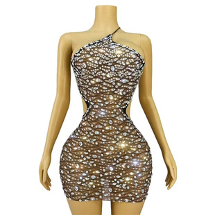 Design Sense Niche Shiny Rhinestone Hollow Backless Skirt European and American Carmé Birthday Red Carpet Party Performance Octopus Pattern