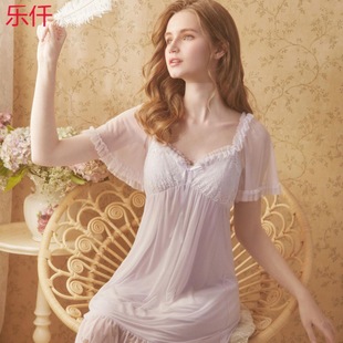 Nightdress Women's Summer Short-sleeved Thin Sweet Western Style Girl's Court Style Nightdress with Chest Pad