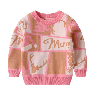 Christmas sweater autumn and winter new children's pullover sweater cartoon contrast color children's sweater