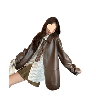 QC xiangxiang style leather coat women's 2024 spring and autumn new Korean retro brown long sleeve loose slimming leather brown