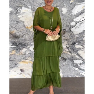 Amazon Independent Station Popular Cross-border Export Women's European and American Fashion Women's Elegant Round Neck Bat Sleeve Long Skirt