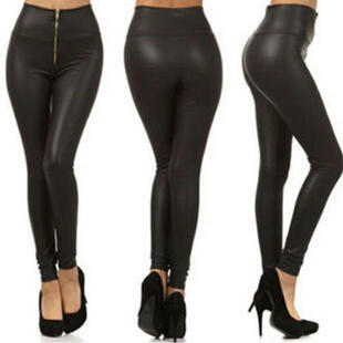 Foreign Trade Spring Fashion Zipper High Waist Imitation Leather Cropped Pants Leggings Women's Elastic Slimming Tight Pants
