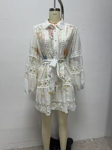 Cross-border wholesale 2025 spring new European and American style women's long sleeve lace stitching printing dress
