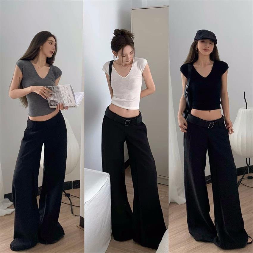 2024 New Design V-neck slimming sweater with high waist wide leg casual trousers short top women's sweater